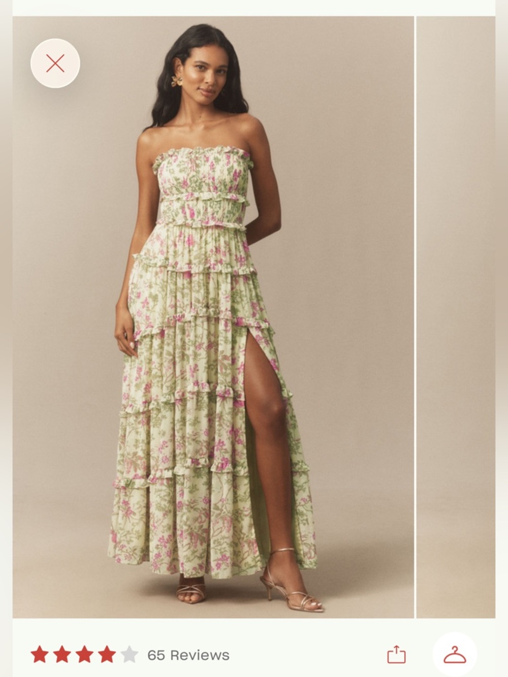 BHLDN- Floral Chiffon Strapless Ruched Tiered A-Line Dress